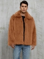 Men's faux fur jacket in deep brown with thick plush texture and stylish lapel collar - Camel