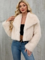 Short faux fur jacket for women in light beige color with wide lapels and fluffy texture - Apricot