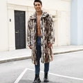 Men's long faux fur coat with brown and beige spotted patchwork texture and wide lapels - S / Three Colors