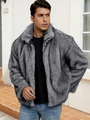 Men's dark grey faux fox fur jacket with stand collar and metallic silver zipper closure - S / Gray-threaded