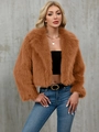 Women's faux fur jacket in caramel brown featuring a plush collar and short waist design - Camel
