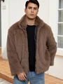Men's brown faux fox fur jacket with stand collar and zipper closure for winter - S / Dark Khaki