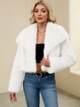 Women's faux fur jacket in white with large lapel and short cropped cut for winter - White