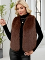 Gilet en fausse fourrure marron foncé pour femme avec col en V en peluche mode automne hiver - Marron