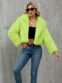 Short neon green faux fur jacket with fluffy texture and open front design for women - Fluorescent Green