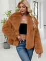 Short faux fur jacket in caramel brown featuring a fluffy plush texture and open front - Camel