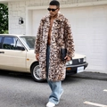 Men's mid-length leopard print faux fur coat with thick plush texture and lapel design - S / Gold Brown Leopard