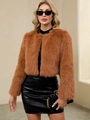 Giacca corta in ecopelliccia da donna color marrone con morbida trama felpata - S / Cammello