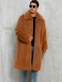 Men's long faux fur coat in caramel brown color with lapel collar and thick texture - S / Camel