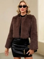 Veste courte en fausse fourrure pour femme marron foncé avec texture poilue et ouverte - S / Marron