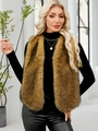 Women's trendy faux fur vest in brown and black mix with V-neck and sleeveless design - S / Yellow-threaded