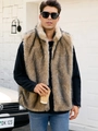 Men's faux fur vest in tan and dark brown tones with a high collar and fluffy texture - S / Camel-threaded