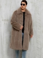Men's faux fur long coat in camel brown with warm plush texture and stylish lapel design - S / Light Khaki