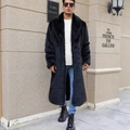 Men's faux fur long coat in black featuring wide lapels and a luxury warm street style - S / Black