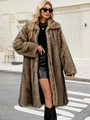 Manteau de luxe en fausse fourrure renard marron, coupe longue et design à large col - S / Rayé Camel