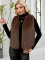 Gilet court en fausse fourrure col V pour femme couleur marron café style d'hiver - Khaki Foncé