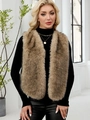 Gilet sans manches en fausse fourrure marron pour femme avec col en V chic et élégant - Rayé Camel
