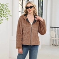 Brown faux rabbit fur hooded jacket with horizontal stripe texture for women - S / Khaki