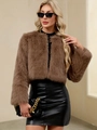 Veste courte en fausse fourrure marron pour femme avec col rond et texture peluche - S / Khaki Foncé