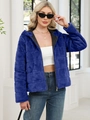 Navy blue faux rabbit fur hooded jacket with quilted design and front zipper closure - S / Blue