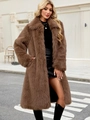 Cappotto lungo in ecopelliccia marrone da donna con collo ampio e texture morbida - S / Cachi Scuro