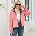 Pink faux rabbit fur jacket with quilted pattern and hood in cozy winter style - S / Pink