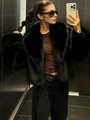 Chaqueta de piel sintética negra de lujo con cuello grande y textura de felpa - S / Negro