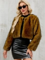 Veste courte en fausse fourrure pour femme en marron duveteux avec un style sans col - S / Rayé Jaune