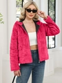 Women's stylish rose red faux rabbit fur hooded jacket with silver front zipper - S / Rose Red