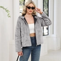 Women's grey faux rabbit fur hooded jacket with horizontal quilted plush texture - Gray