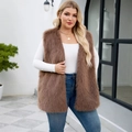 Damen Kunstpelz Weste in Braun mit Langhaar-Plüsch, ärmellose offene Kunstfellweste - XL / Dunkelbeige