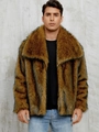 Men's faux fox fur jacket in brown and yellow stripes with wide lapel and thick texture - S / Yellow-threaded