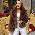 Chaqueta corta de piel sintética marrón oscuro con solapas para estilo de otoño - S / Café Dorado