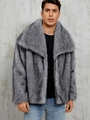 Men's faux fox fur jacket in grey with lapel collar and thick plush texture - S / Gray-threaded