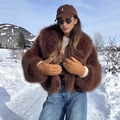 Deep brown faux fur coat with oversized collar and plush texture for winter style - S / Coffee