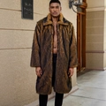 Men's mid-length faux fur coat with lapels in thick brown and yellow textured finish - S / Brown-Yellow