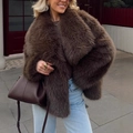 Short faux fur coat in mocha brown featuring a large lapel and thick fluffy texture - S / Coffee