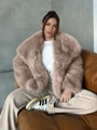 Women's faux fur jacket in taupe color featuring oversized collar and fluffy plush texture - S / Light Khaki