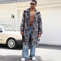 Men's faux fur coat with grey and black leopard print pattern and lapel collar - S / Snow Leopard Black White