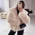 Short faux fur jacket in light pink with lapels and plush texture for a modern urban look - Apricot