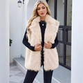 Sleeveless long faux fox fur vest in beige with an elegant oversized lapel collar - S / Apricot