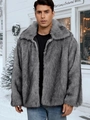 Men's grey faux fur winter jacket with wide lapels against a snowy cabin backdrop - S / Grey Stripe