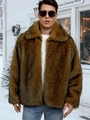 Winter men's brown faux fur jacket with lapel collar in a snowy outdoor scene - S / Brown Stripes