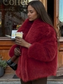 Women's luxury red faux fur short coat with oversized lapels and premium plush texture - Burgundy