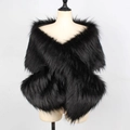 Close-up of black faux fur shawl showing plush texture and criss-cross wrap design - Black Jacquard Black
