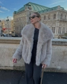 Short faux fur coat for women in light grey featuring a wide collar and fluffy texture - Light Gray