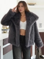Women's short faux fur jacket in dark grey with wide lapels and soft plush texture - Gray