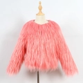Close-up detail of the fluffy long-fiber texture on this pink faux fur coat for kids - S / Hot Pink