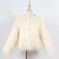 Detail of soft cream faux fur texture on elegant round neck children coat - S / Beige
