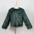 Close-up of kids dark green faux fur coat featuring thick shaggy texture and round collar - S / Dark Green
